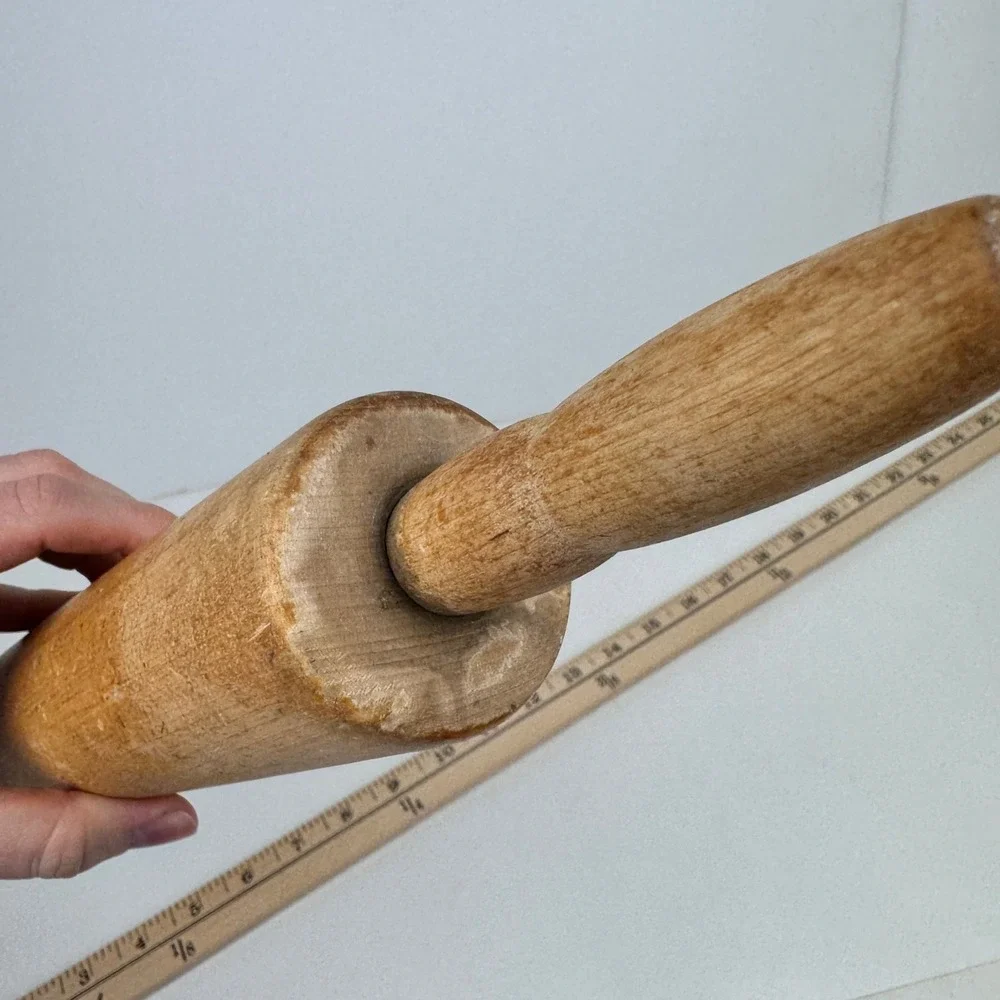Vtg Wooden Rolling Pin w Handles tan cook baking Rustic Cottagecore grannycore